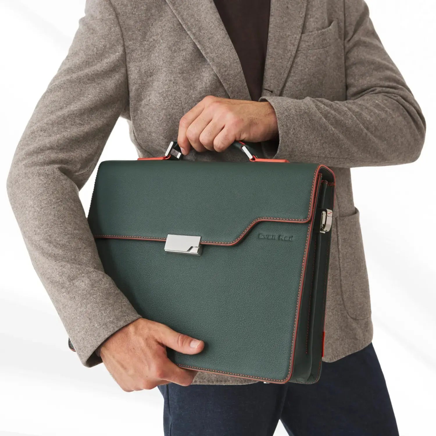 Deep Green Leather Briefcase Evan Red